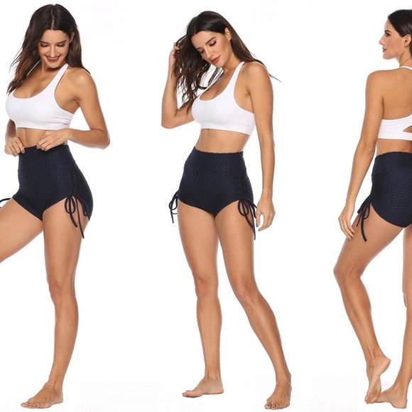 High Rise Yoga Short Wide Waistband Ruched Shorts Hides tummy flab - Black - Picture 5 of 15